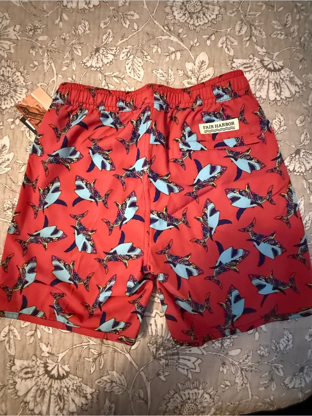 Fair Harbor Kids Red Swim Trunks with Blue Shark Print - New with tag